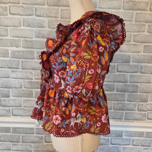 Anthropologie Maeve Zebra Floral Ruffled Blouse Top S Cotton Cottage Boho Floral - Picture 2 of 9